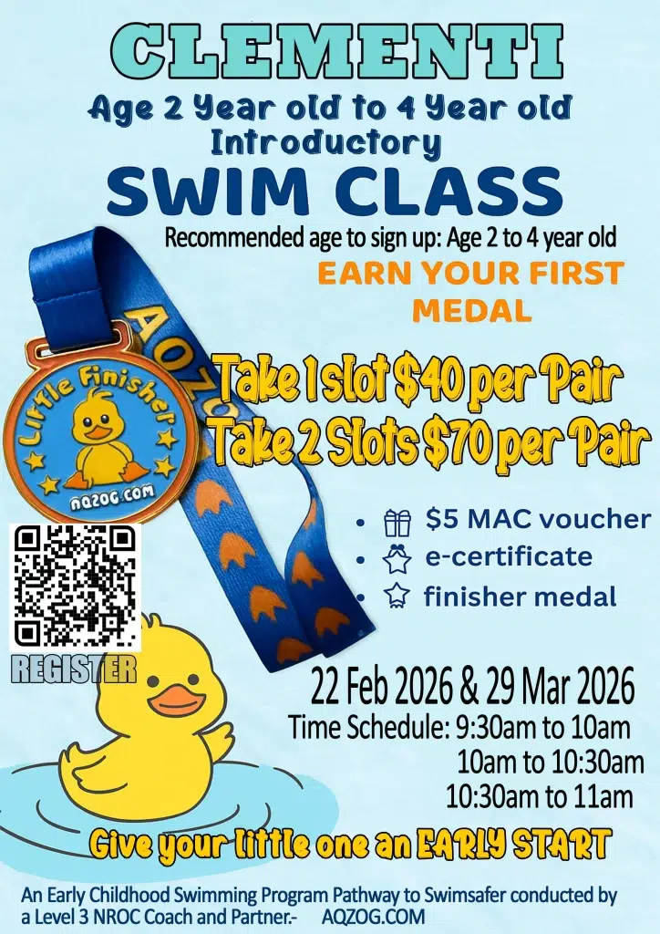 Learn to Swim in Singapore for age 2 to a4 year old at ActiveSG CLementi Swimming Complex held on 22 Feb 2026 and 29 Mar 2026. 