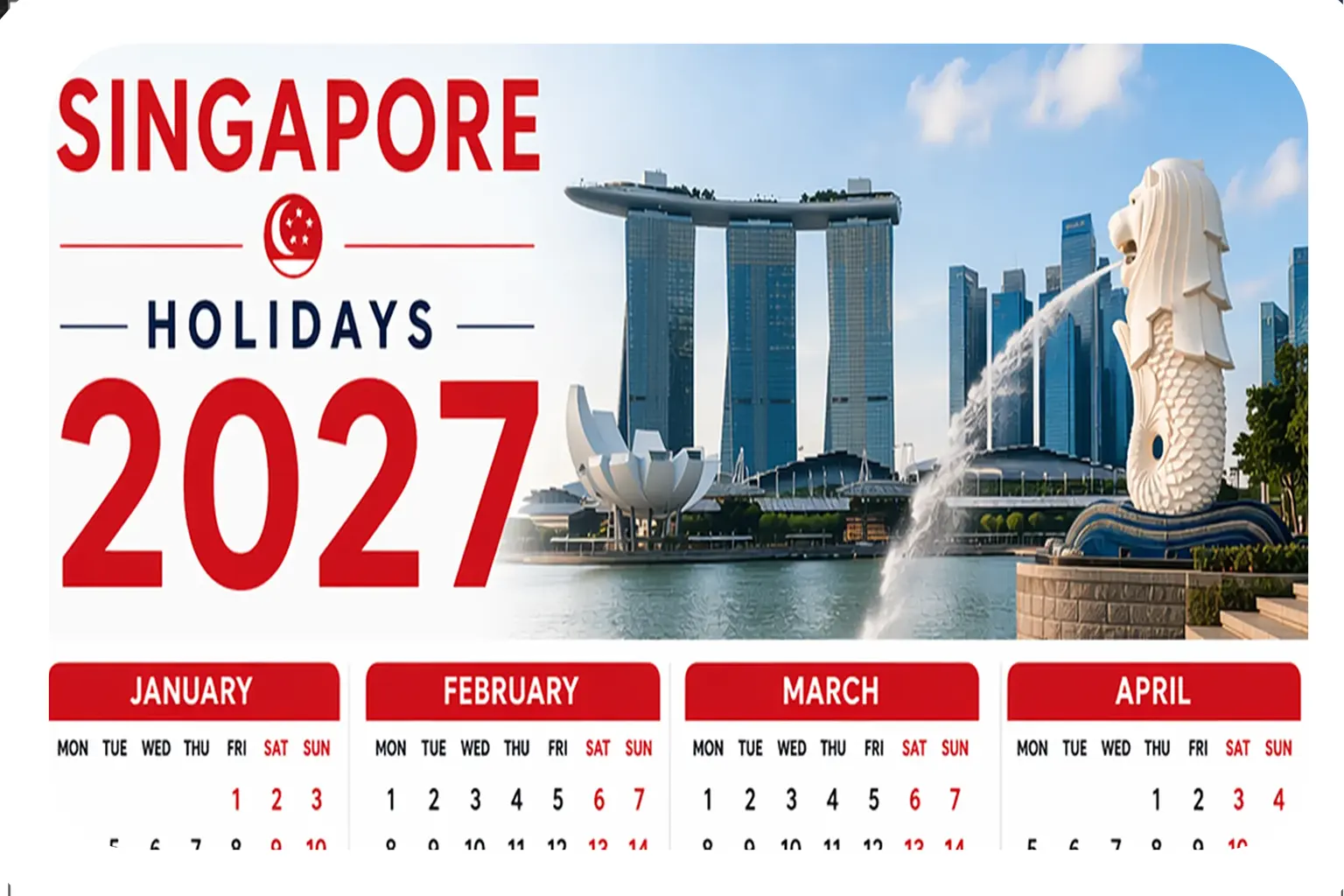 Year 2027 Calendar in Singapore with Swimsafer Holiday Program.