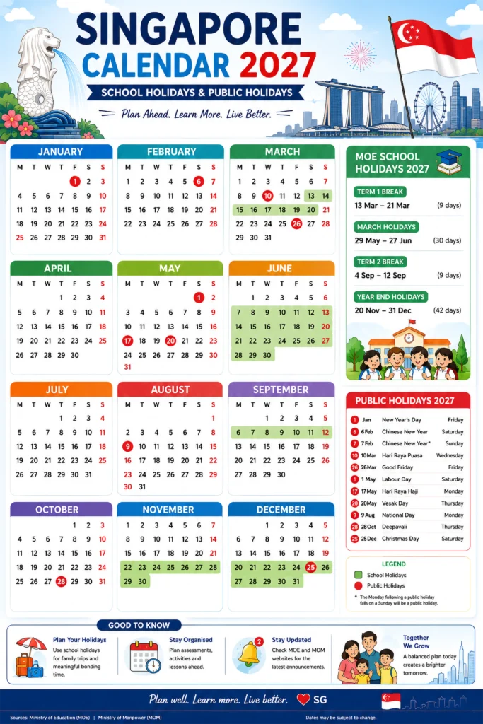 SIngapore Calendar 2027 with MOE and Public Holiday 2