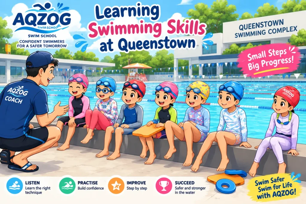 Coach explaining to the attentive kids on how to perform a swimming strokes and water safety rule at Queenstown Pool.