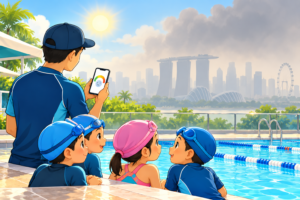 AQZOG swimming coach and children check air quality before a pool lesson during Singapore haze
