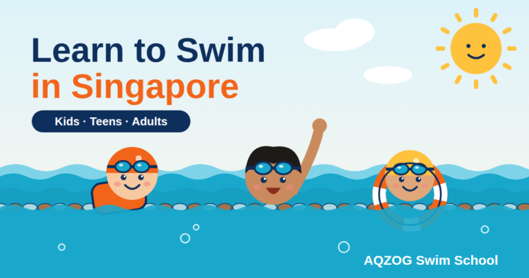 Cartoon kids learning to swim in Singapore with goggles, kickboard and float ring - AQZOG Swim School