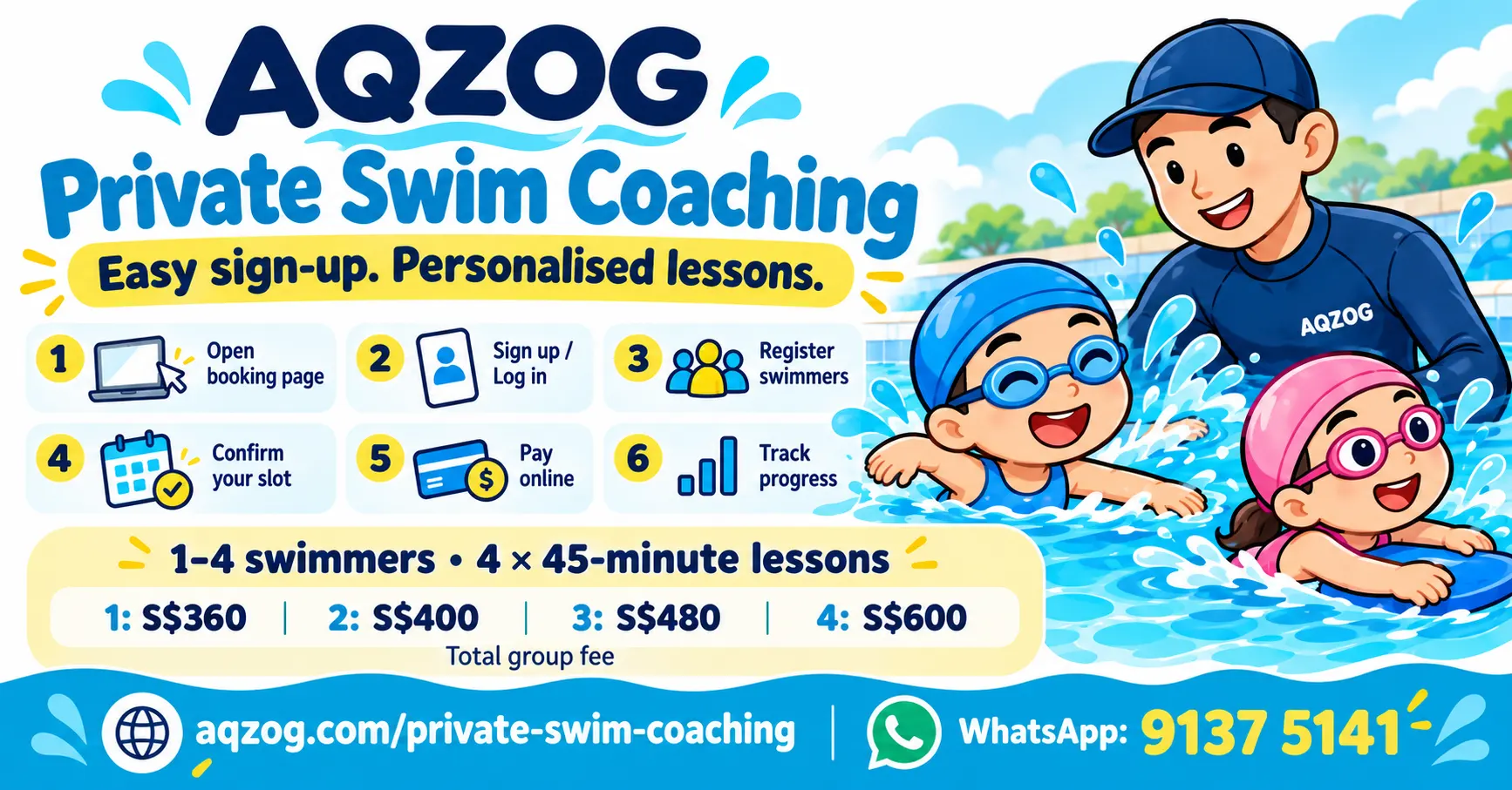 How to book private swim coaching with AQZOG – kids and adults